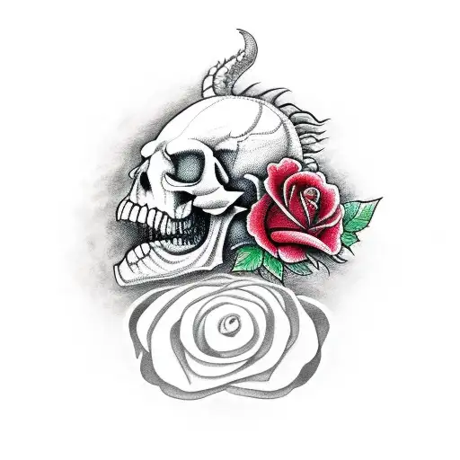 A Dragon Stepping On A Skull Wrapped In Roses