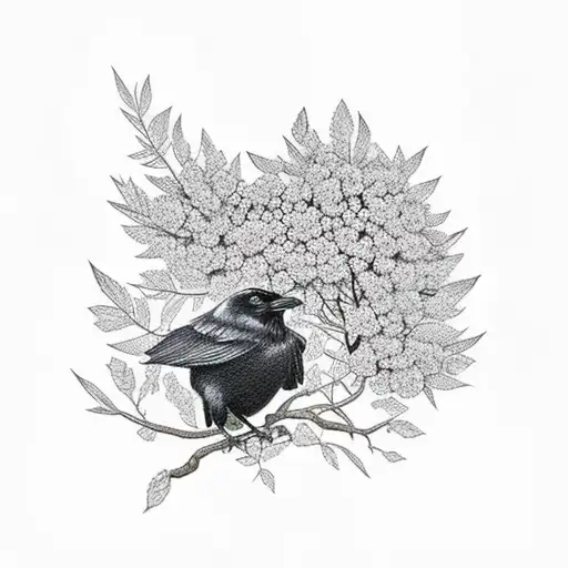 Crow Sitting In A Rowan Branch Growing Out Of A Skull