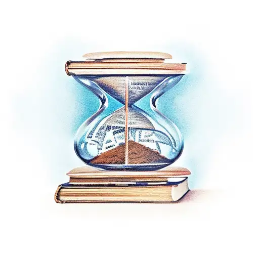 Hourglass With Skeleton Dissolving To Dust Holding A Book