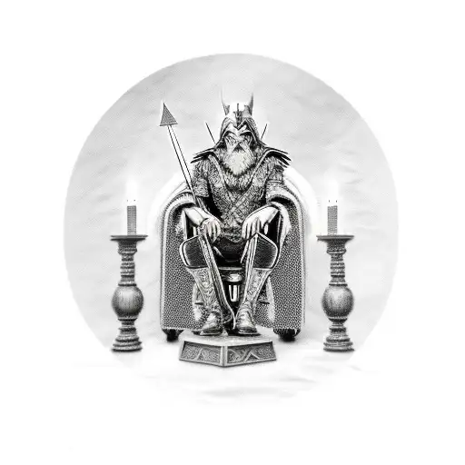 Norse God Odin Sitting In A Chair With A Valkyrie And Raven