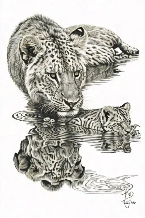 Lion Cub With Water Reflection Of Dad