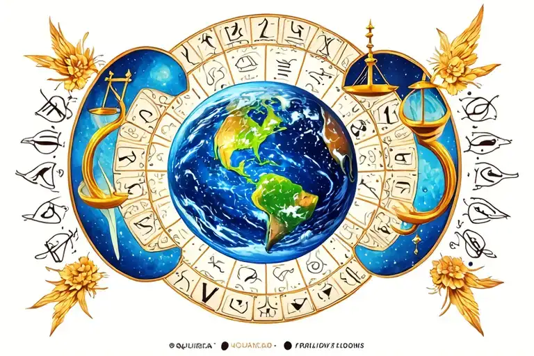 Planet Earth With Zodiac Sign Aquarius And Libra Combined And Framed With The Style Of A Mandala