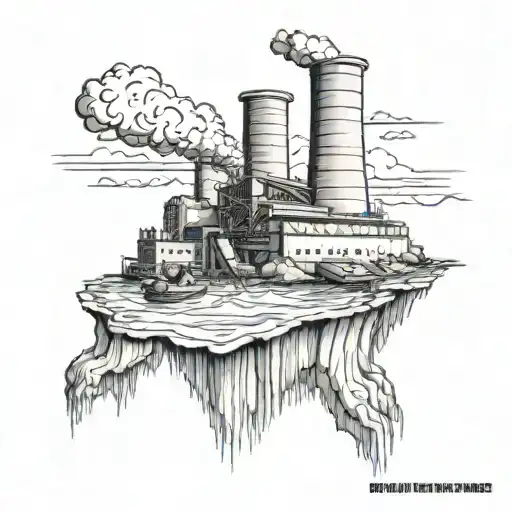 A Realistic Tattoo Of A Nuclear Power Plant With A Submarine Emerging From The Water In Front Of It