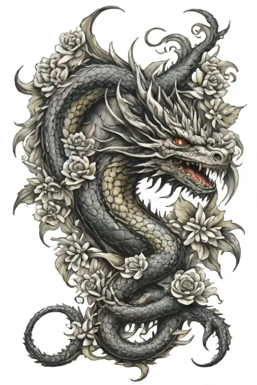 Full Body Dragon Tattoo With Flowers
