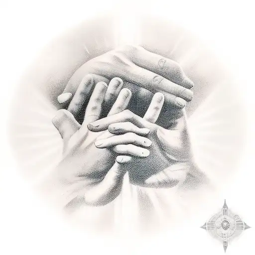 Jesus Hands Praying Surrounded By Clouds With Rays Of Sun In The Background