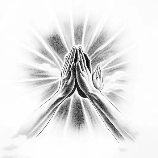 Jesus Hands Praying Surrounded By Clouds With Rays Of Sun In The Background