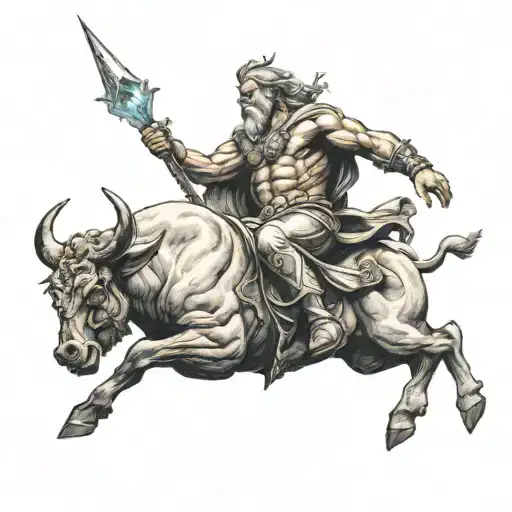 Zeus Holding Lightning Bolt Riding Bull