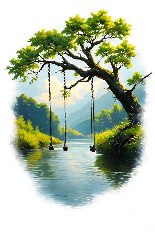Tree Branch With Swing Into River