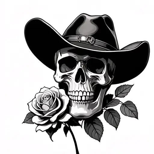 Skull With A Cowboy Hat And A Dying Rose Growing Together