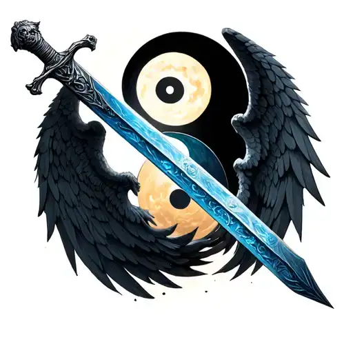 Sword With Angel And Demon Wings With Yin Yang Symbol