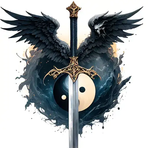 Sword With Angel And Demon Wings With Yin Yang Symbol