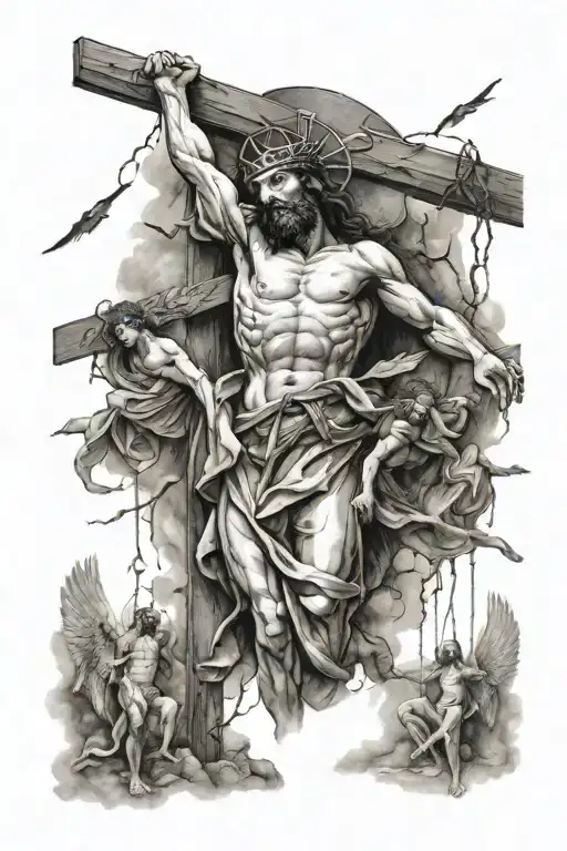 Jesus Crucifixion Angels Around Evil Area
