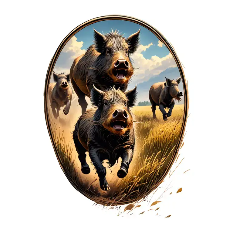 A Pack Of Wild Hogs Running Through A Field With A Hunter In Pursuit