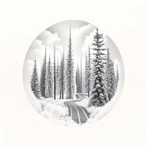 Pine Tree Forest With A Road In The Middle