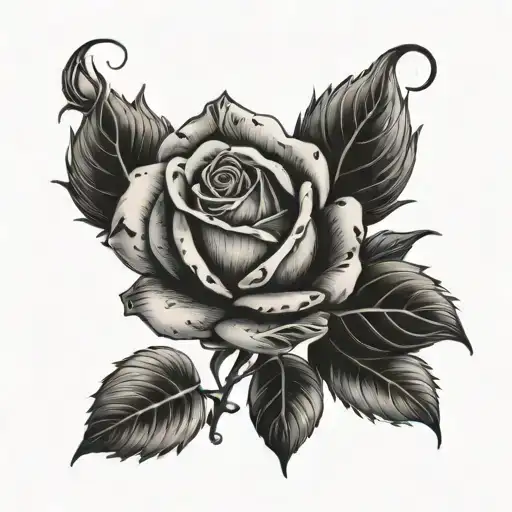 A Detailed Blackwork Design Of A Rose With Religious Symbols Incorporated Into The Petals