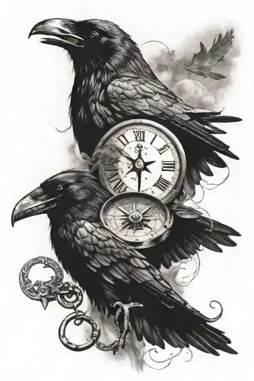 Raven Flying With Compass In Beak Holding Key Unlocking The Secrets