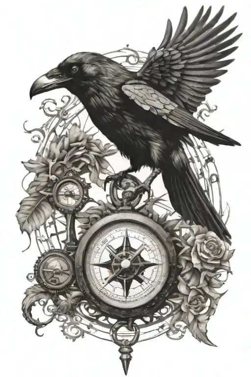 Raven Flying With Compass In Beak Holding Key Symbolizing The Power