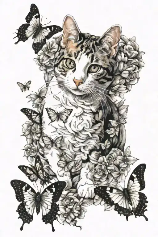 Calico And White Cat On Back Surrounded By Butterflies