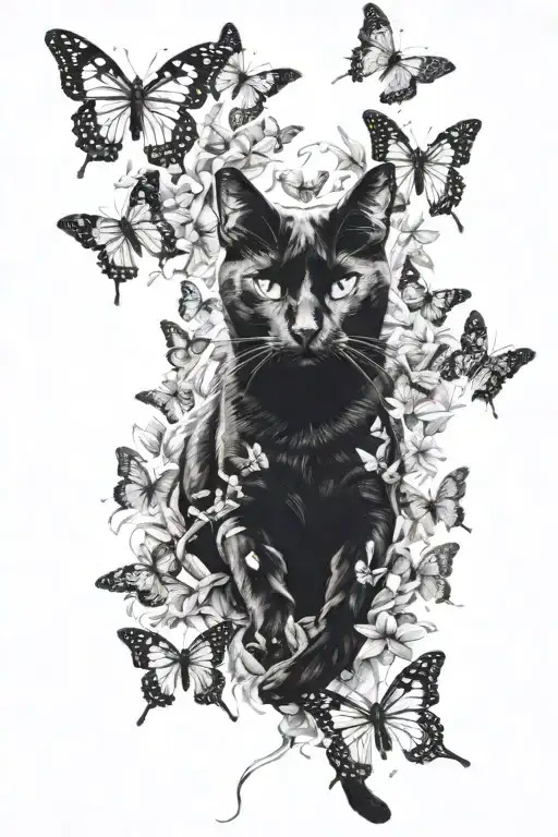 Black Cat Laying On Back Surrounded By Butterflies