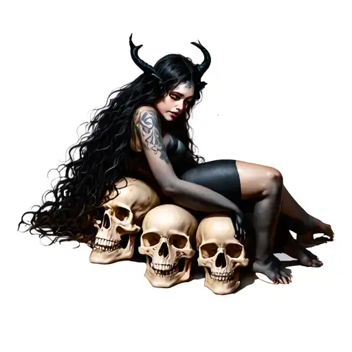 Demon Girl Laying On A Pile Of Skulls