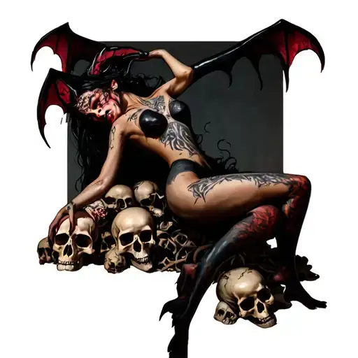 Demon Girl Laying On A Pile Of Skulls