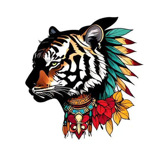 Native American Woman Silhouette With A Tiger As The Face And A Fleur-de-lis Necklace