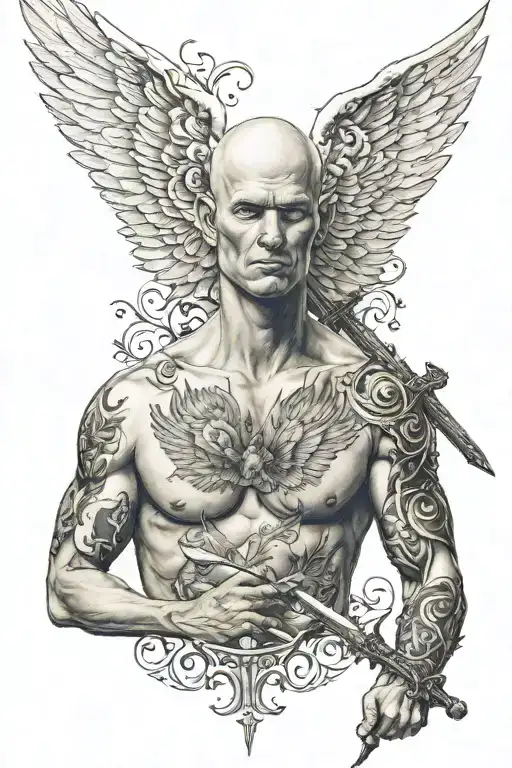 Naked Bald Man With Wings And A Sword Tattooed On His Chest
