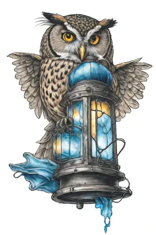 Owl Flying Carrying A Lantern With Blue Highlights