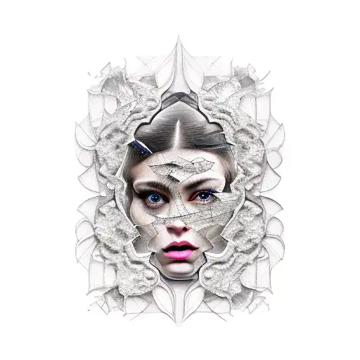 Black Tattoo Of Woman's Face Repeating With Broken Glass As Background