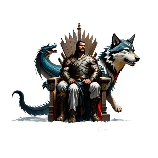 Warrior On Throne On His Left Side Is Dragon And On Right Side Is Big Wolf