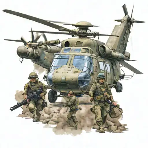 Armed Army Soldier With Helicopter With Soldiers And Military Identification Tags