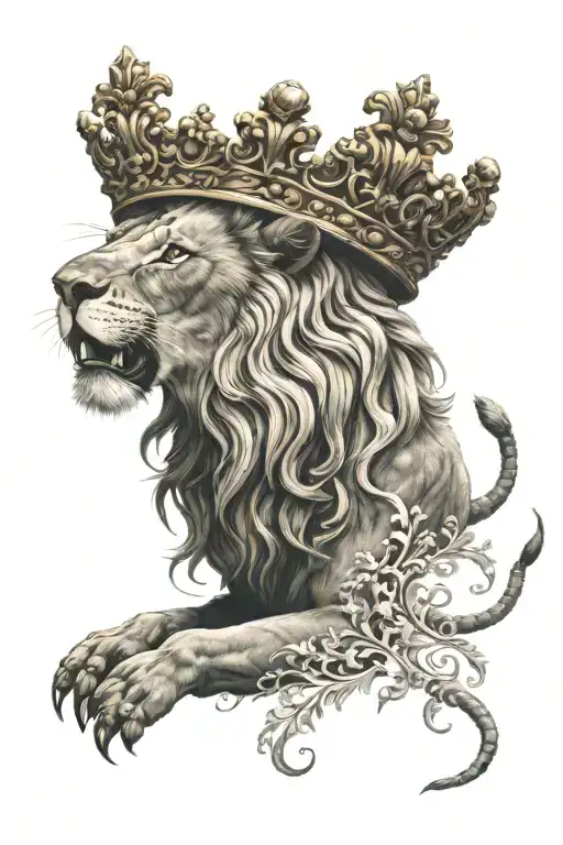 Lion With Baroque Crown Roaring At Crab