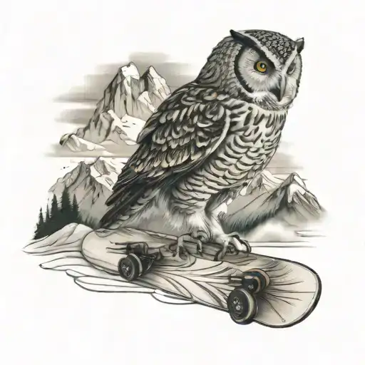 A Realistic Owl Perched On A Snowboard With A Mountain Landscape In The Background