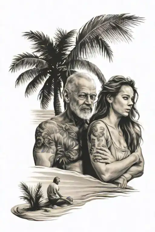 Father And Daughter On Beach Scene With Palm