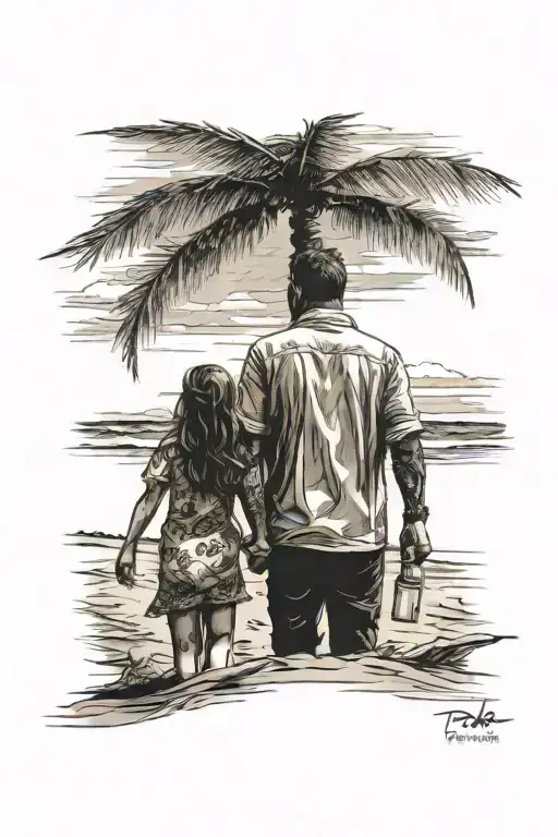 Father And Daughter Holding Hands On The Beach From Behind
