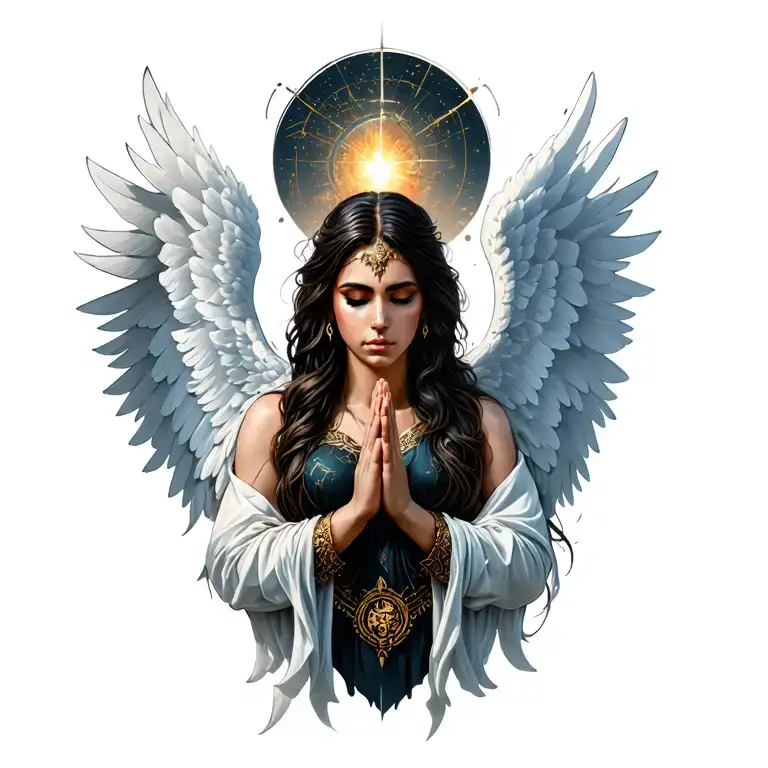 Warrior Woman With White Colored Wings In Prayer Hands