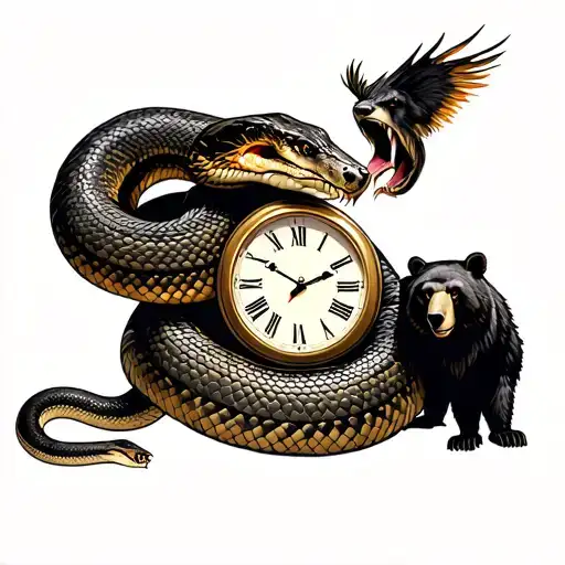 A Snake Eating A Clock With A Bear And A Fenix