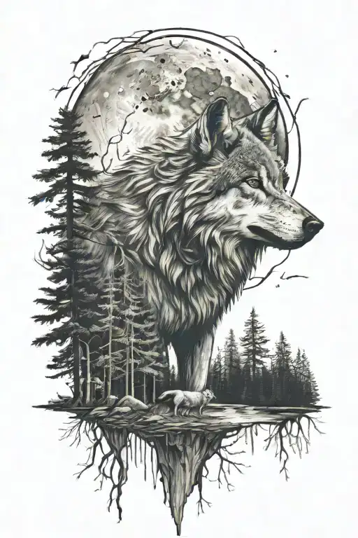 Woods With Wolf And Moon Surrounded