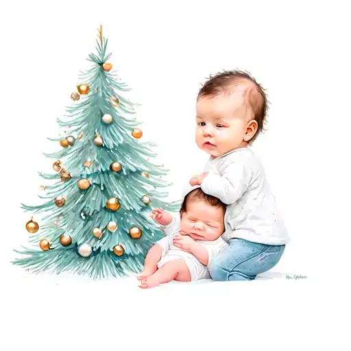 Two Babies In Front Of A Christmas Tree