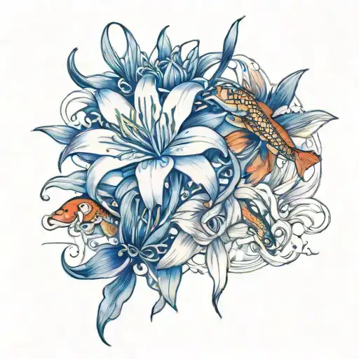 Blue Spider Lily And Koi Fish Swimming