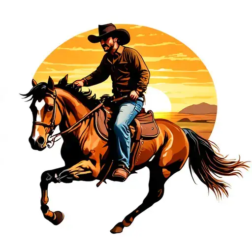 Cowboy Riding Into Sunset