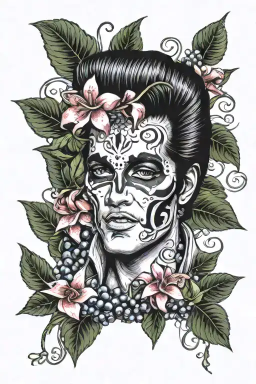 Elvis Presley As A Skull Wearing A Lei Of Lillys Surrounded By Blueberries