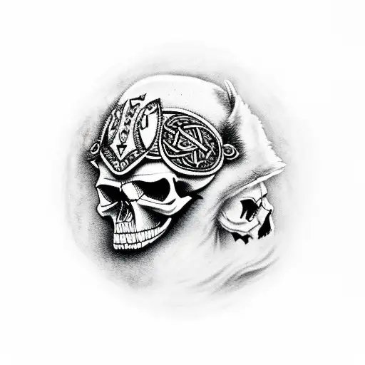 A Skull Adorned With Viking Symbols And Surrounded By Wolves And Ravens