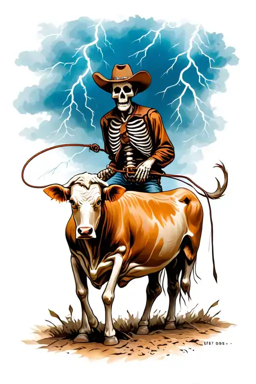 Dead Skeleton Cowboy Roping A Cow In A Thunderstorm