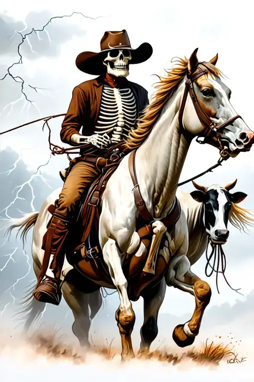 Dead Skeleton Cowboy Riding A Horse Roping A Cow In A Thunderstorm
