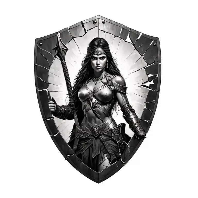 Black And White Spartin Woman Warrior With Cracked Battle Shield
