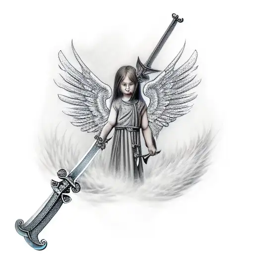 An Angel With Large Wide Wings Holding A Sword Upwards