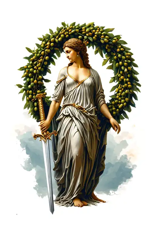Greek Goddess Nike Holding A Sword And Olive Wreath
