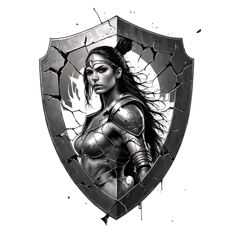 Black And White Spartin Woman Warrior With Cracked Battle Shield