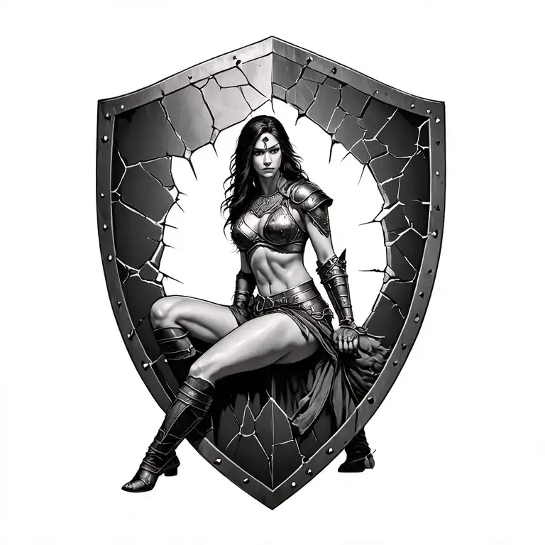 Black And White Spartin Woman Warrior Sitting On A Cracked Battle Shield